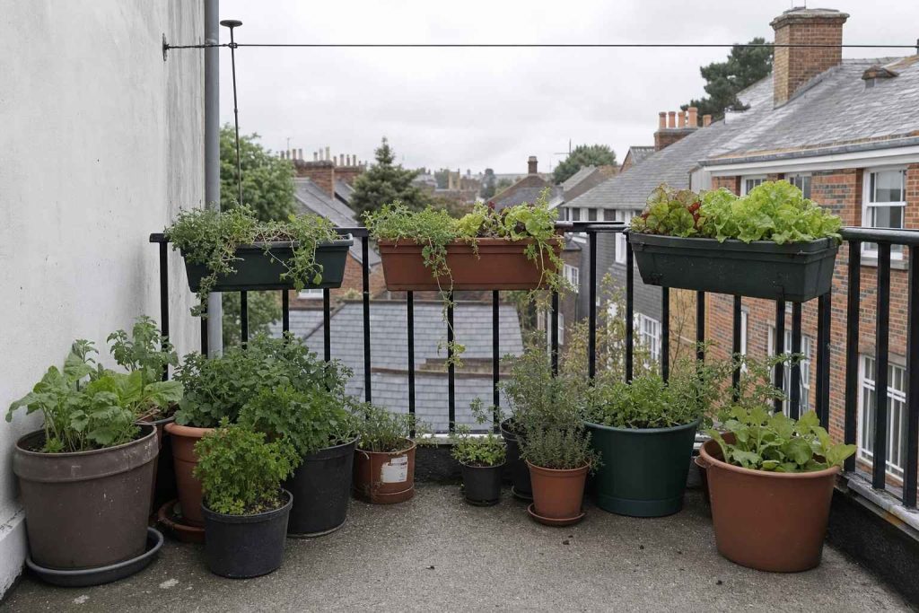 Small first-floor flat balcony with terracotta and plastic pots of herbs and salad leaves on the floor and metal railing planters along the railings, rooftops visible behind under an overcast UK sky