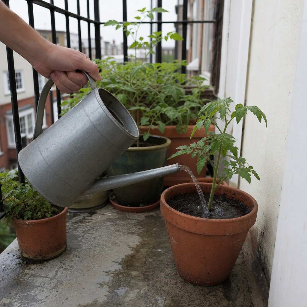 A metal watering can pouring water into a terracotta pot of tomato plants on a balcony floor, overcast soft light