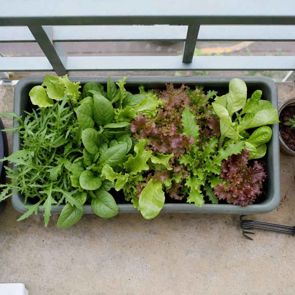 Top-down view of mixed salad leaves in a shallow rectangular container on a balcony railing