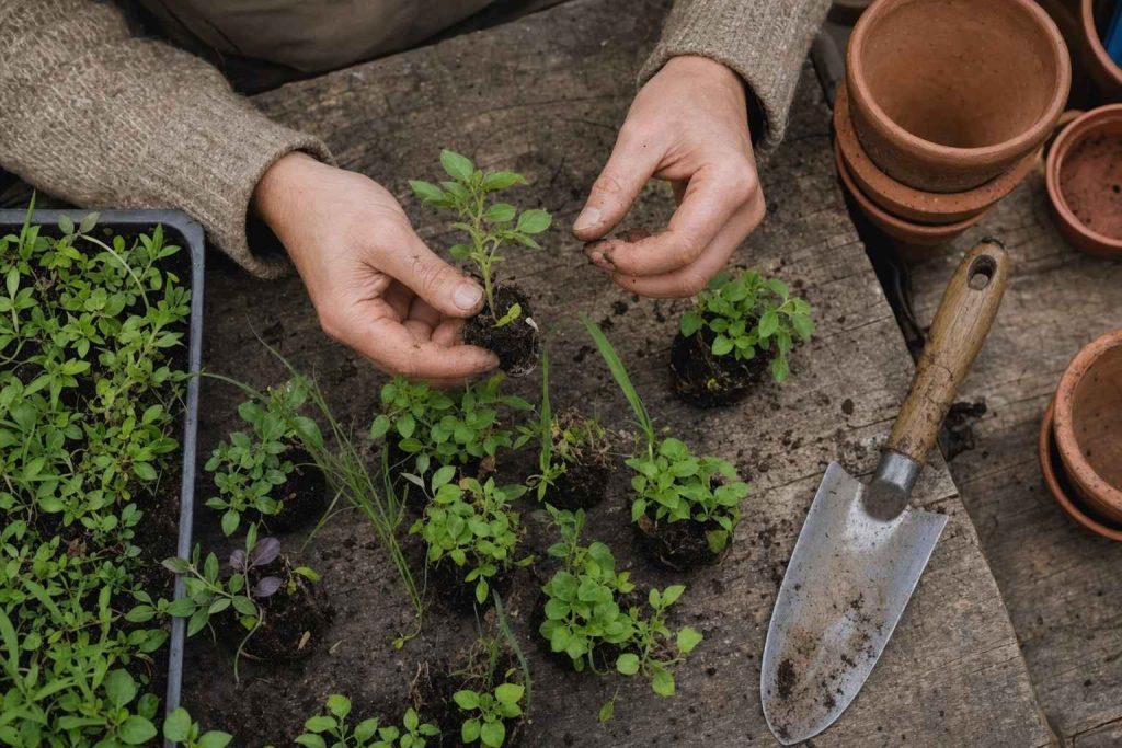 Hands sorting small young plant seedlings on a worn wooden potting bench, viewed from above