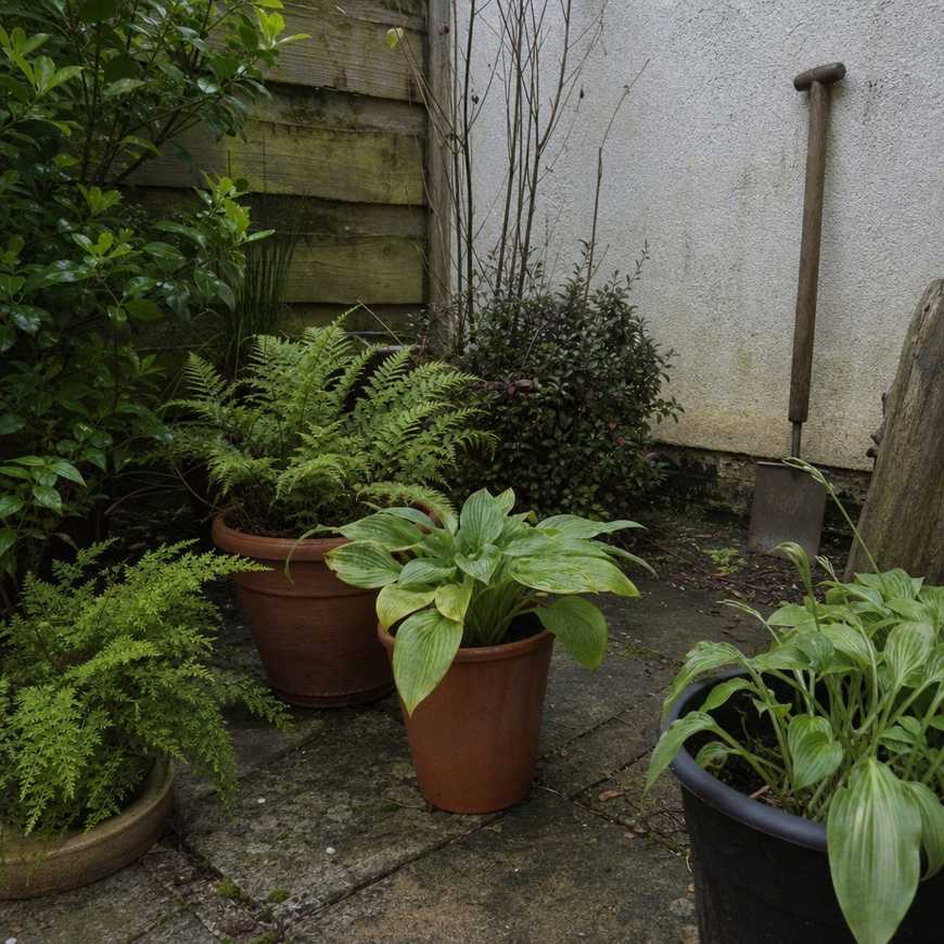 A shady north-facing garden corner with ferns and hostas growing in plain pots on a paved patio