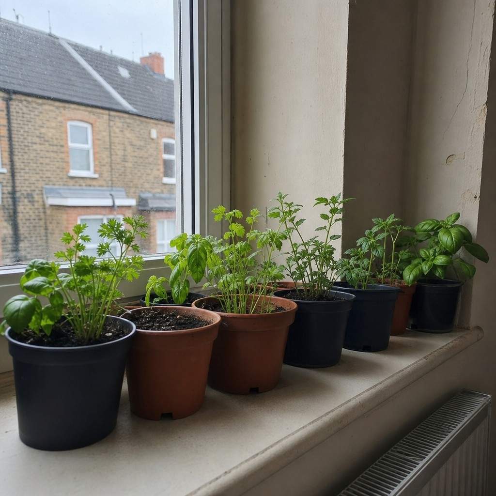 A row of small potted herb seedlings on a narrow windowsill inside a UK home