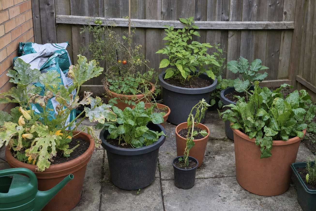 Small UK patio container vegetable garden with a mix of healthy plants and a few struggling ones in plain terracotta and plastic pots