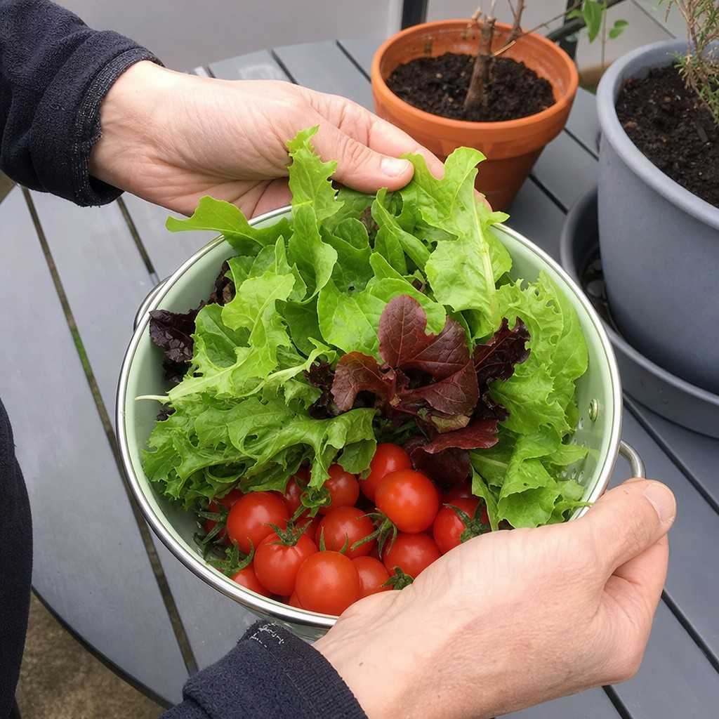 Hands holding a small colander of freshly picked homegrown cherry tomatoes and salad leaves over a patio table