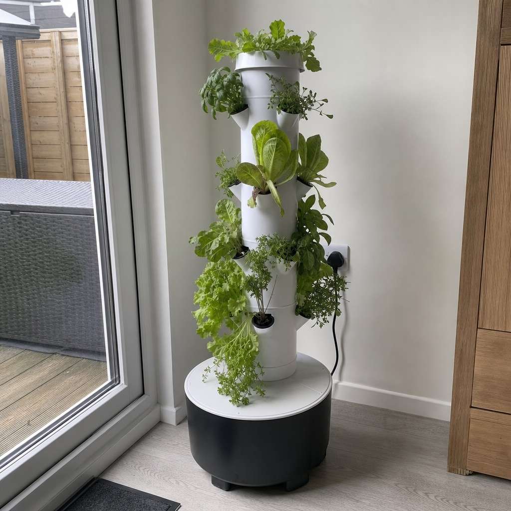 Child-height hydroponic tower with leafy green salad plants growing indoors beside a bright window