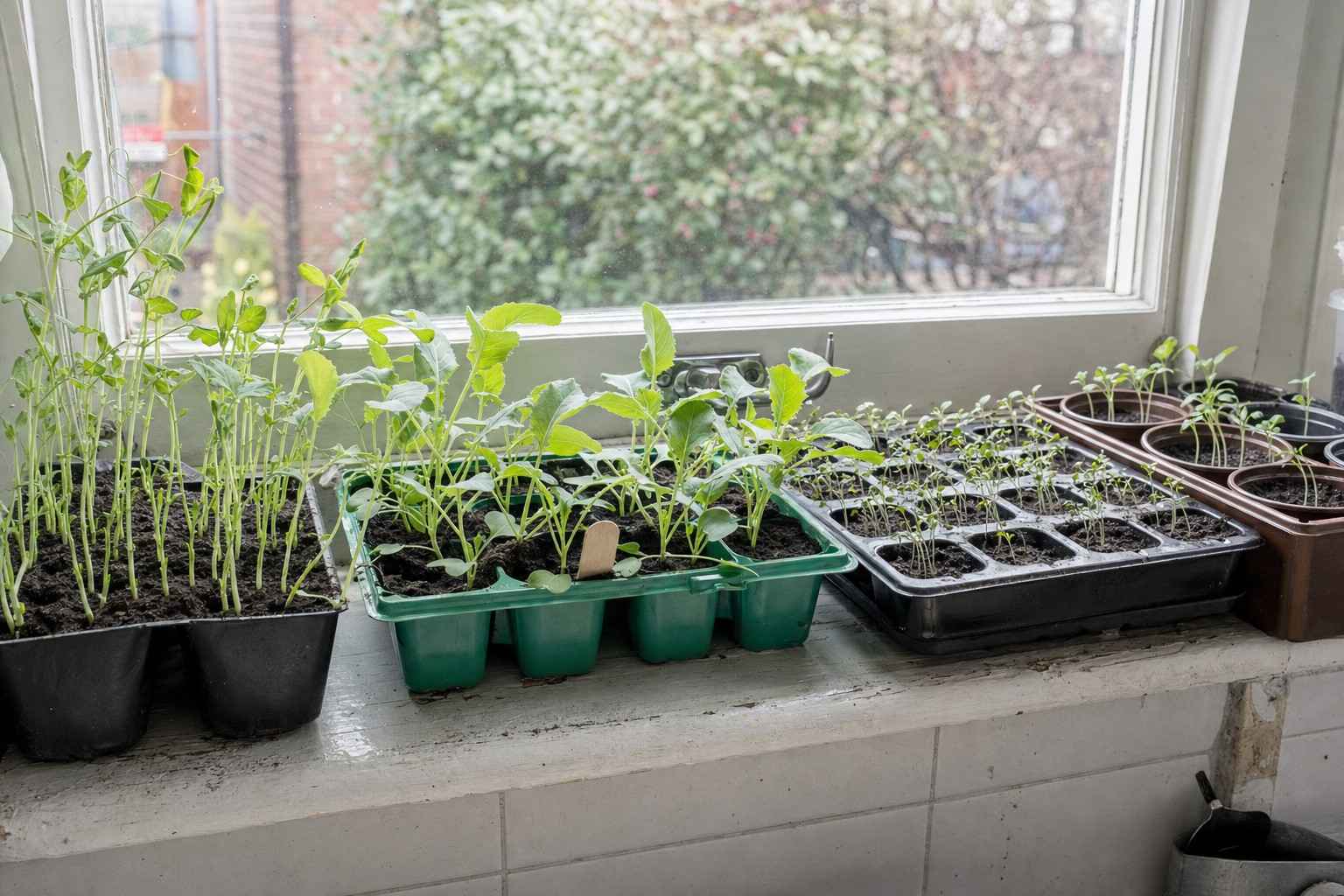 Seed trays and small pots of young seedlings on a bright UK kitchen windowsill