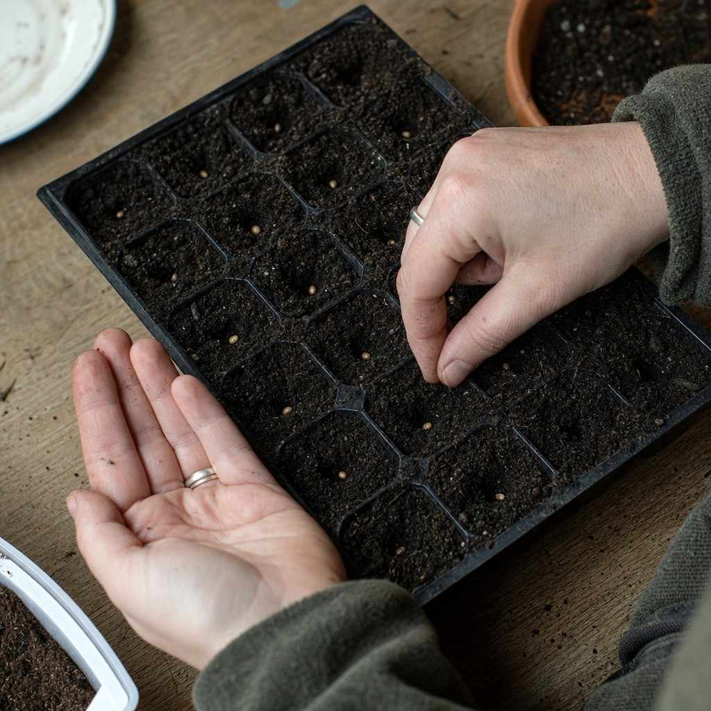Close-up of hands sowing seeds into a module tray of seed compost