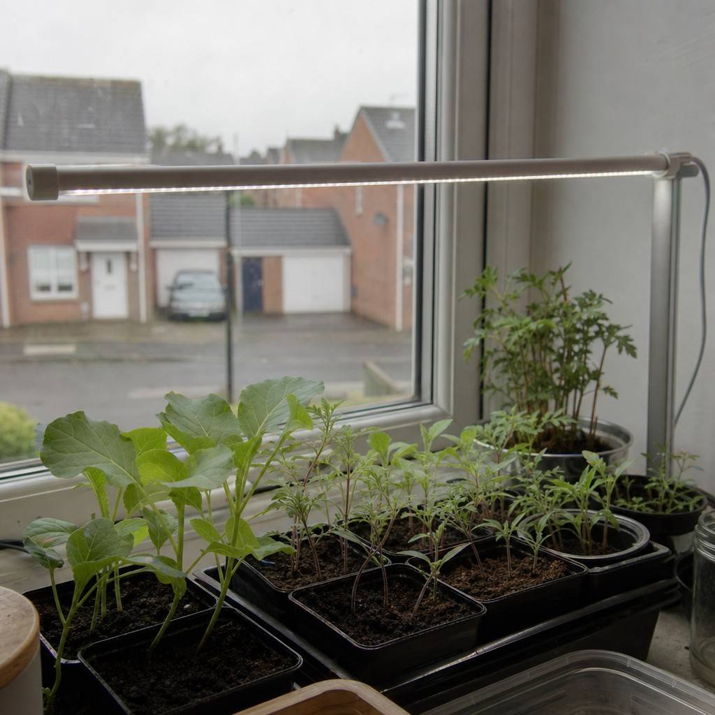 Young seedlings growing under a small grow light on a windowsill