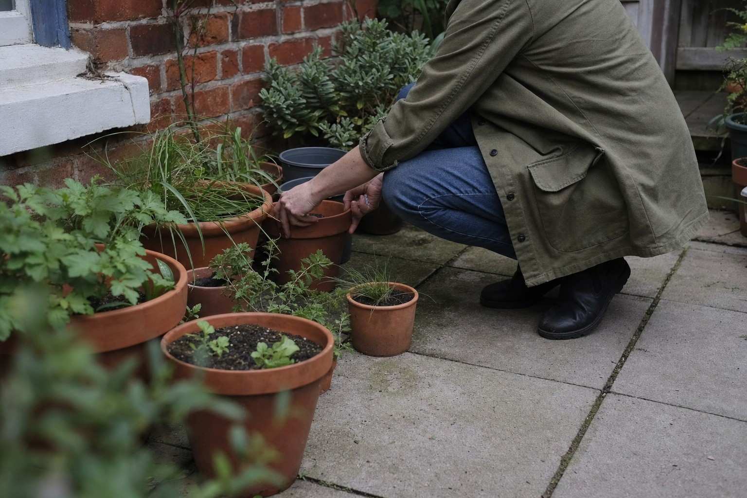 Person arranging terracotta pots with herbs and trailing plants in a small paved UK courtyard garden