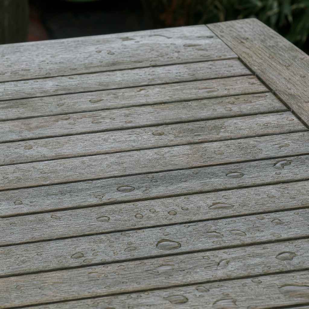Close detail of weathered teak timber on an outdoor garden table surface