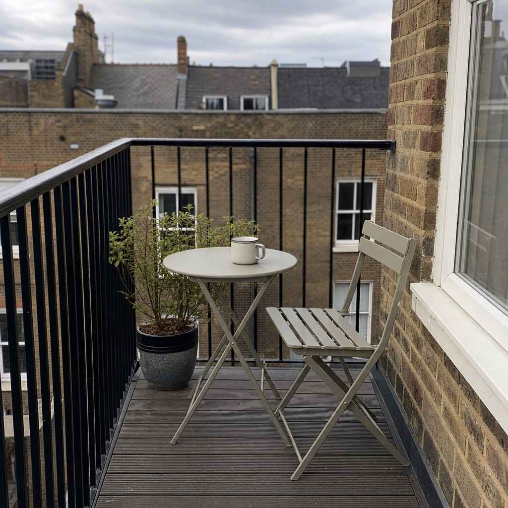 A small balcony with a folding bistro chair and a narrow side table