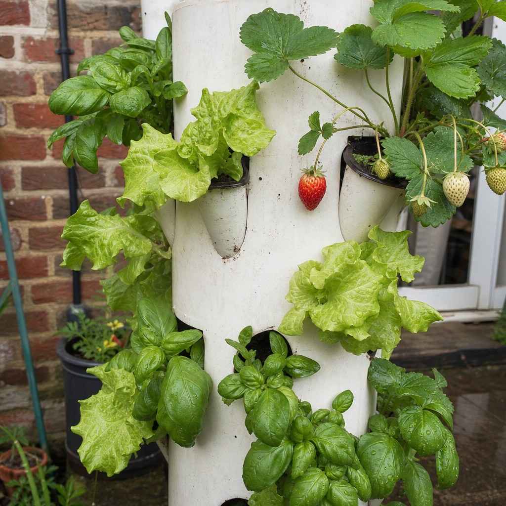 Close-up of lettuce, basil and strawberry plants growing from a tower garden's planting holes