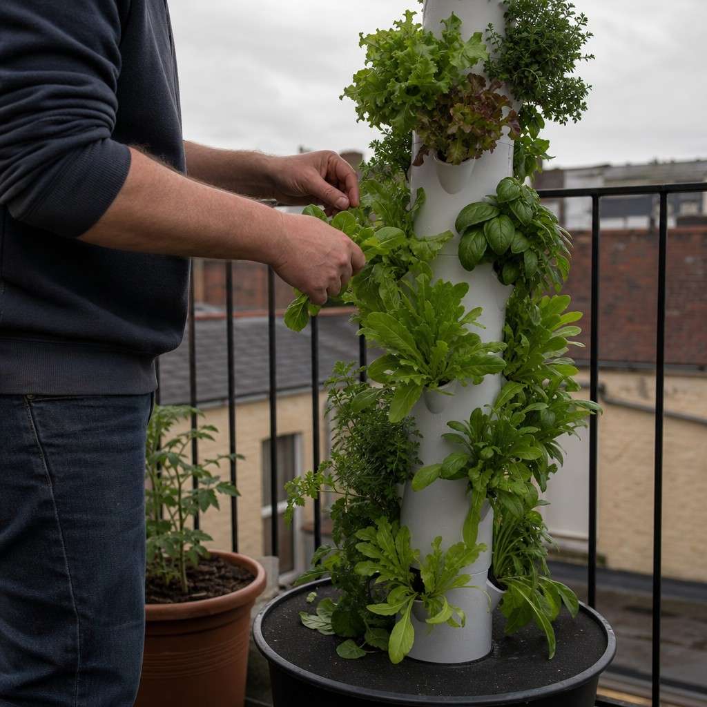 A person picking a few salad leaves from a tower garden on a small balcony