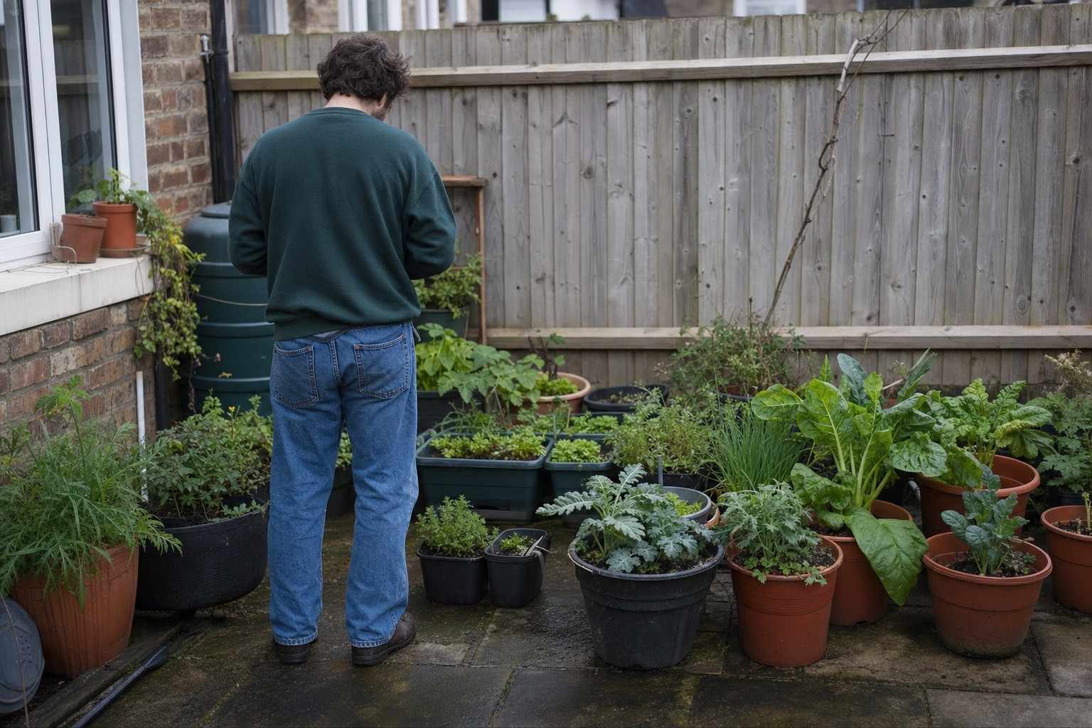 Person seen from behind standing on a small paved UK back garden patio surrounded by terracotta and plastic pots of herbs and vegetables