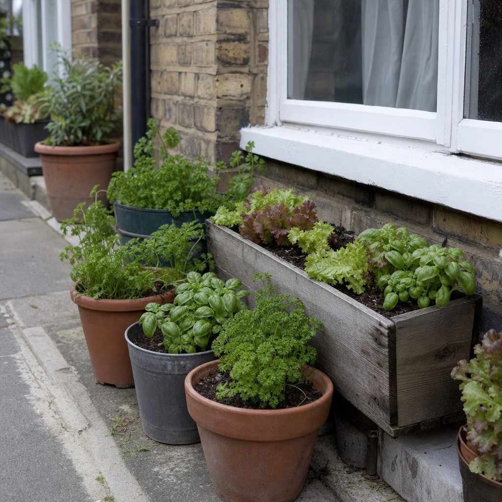 A cluster of mismatched containers and pots on a narrow UK patio holding herbs and small vegetables