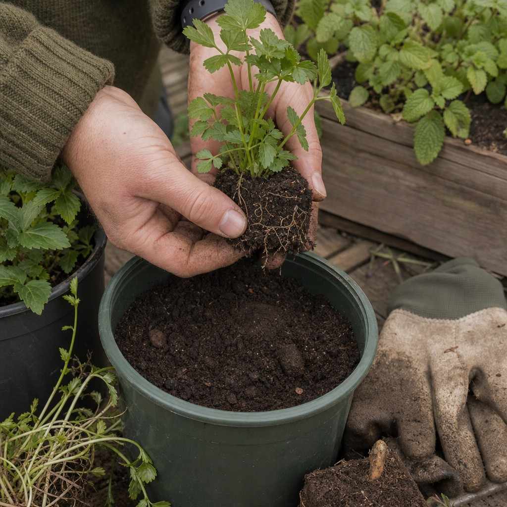 Close-up of hands holding a small seedling ready to be planted into a pot of compost